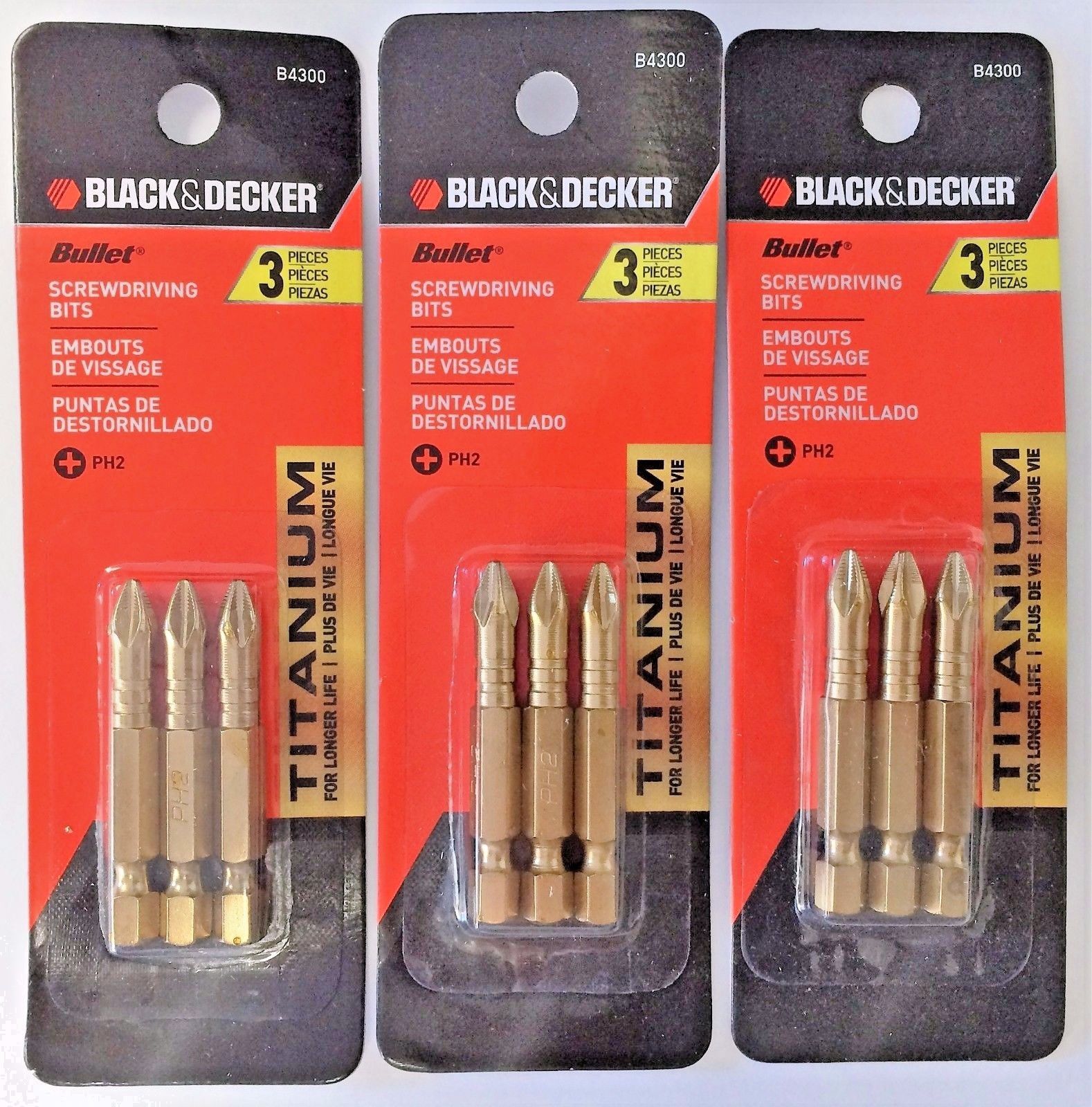 Black & Decker B4300 Titanium #2 x 2" Phillips Bit Tips (3 Packs of 3)