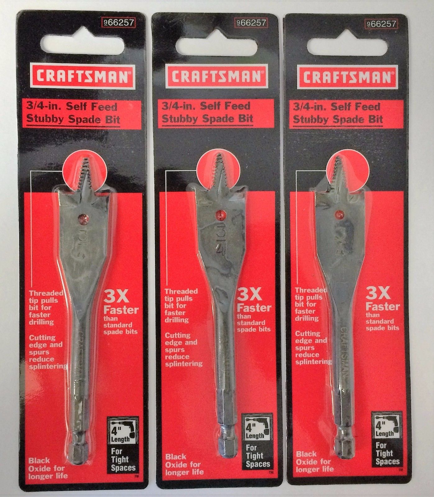 Craftsman Stubby Self Feed Spade Drill Bit 66257 3/4" x 4" 3PKS