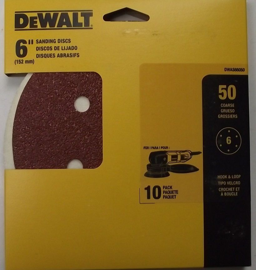Dewalt DWAS66050 6" 50 Grit Sanding Discs 6 Hole Hook & Loop 10 Pack