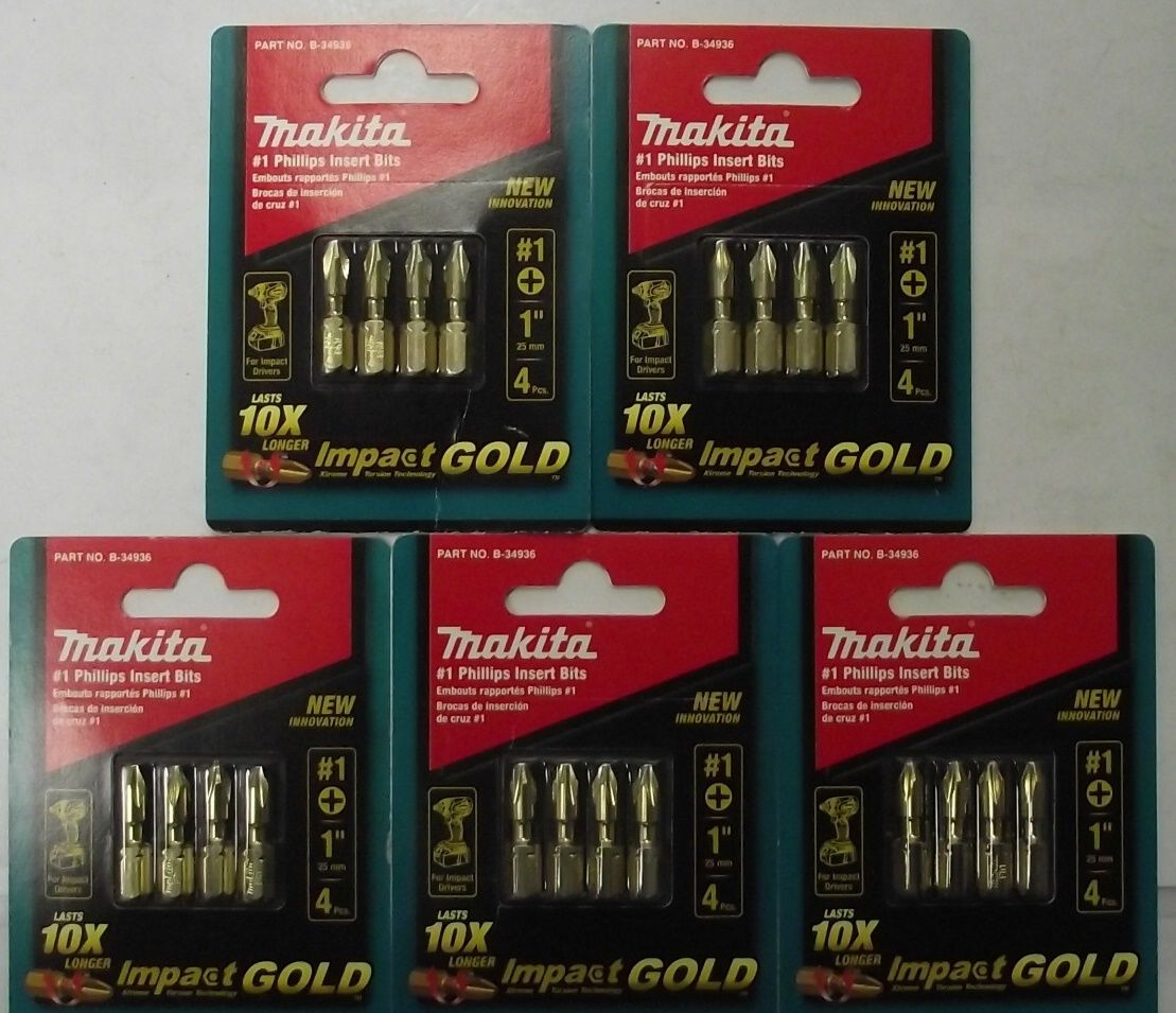 Makita B-34936 4 Piece Impact GOLD #1 Phillips Insert Screw Bit Tips 5pcs.