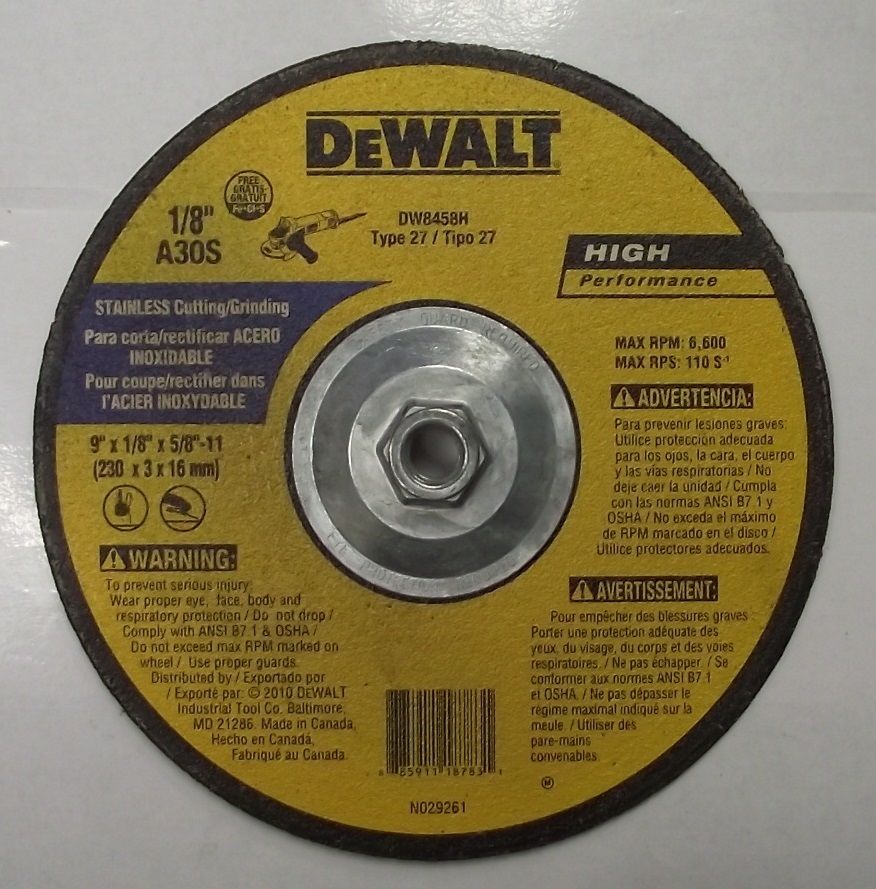 DeWalt 9" x 1/8" x 5/8-11 Stainless Cutting & Grinding Wheel 10pc Canada DW8458H