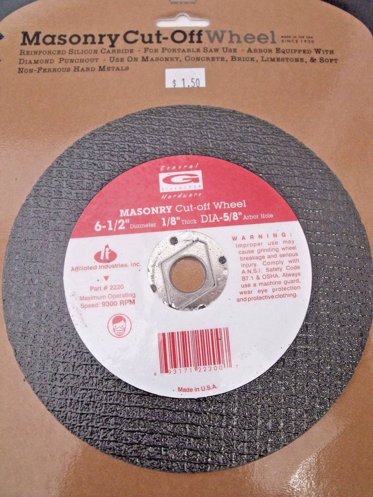 General 2220 6½" x 1/8" Masonry Cut-Off Grinding Wheel 5/8 Arbor USA