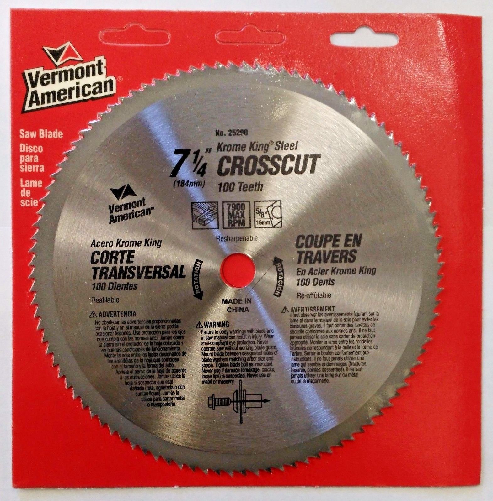 Vermont American 25290 7-1/4" Krome King Steel Crosscut Saw Blade 100 Teeth