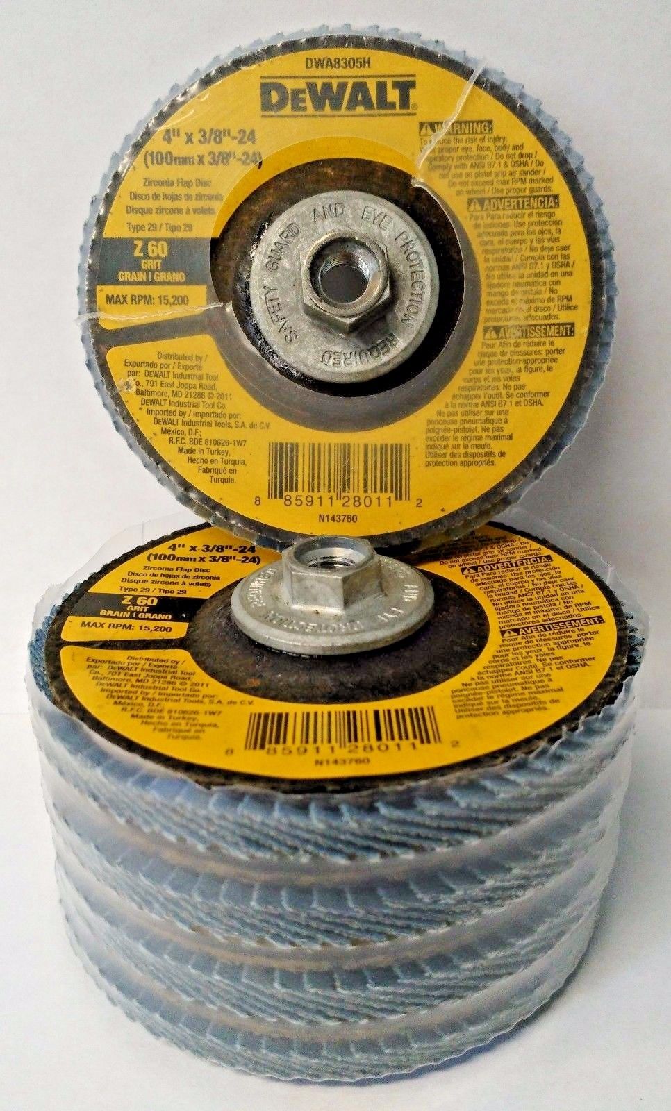 DEWALT DWA8305H 4" x 3/8"-24 Z60 Grit Type 29 Zirconia Flap Disc 5 Pack