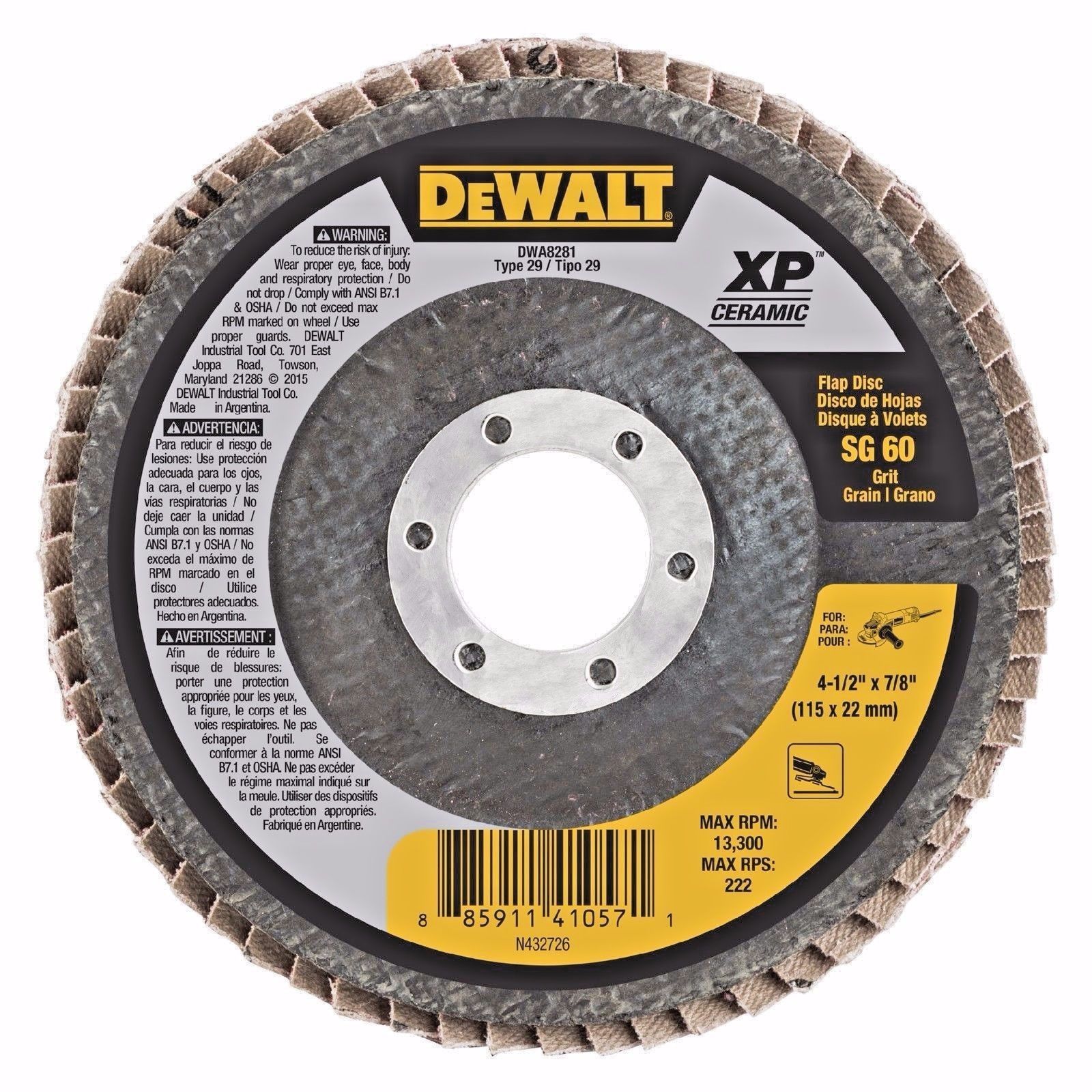 Dewalt DWA8281 4-1/2" x 7/8" 60 Grit T29 XP Ceramic Flap Discs 5 Pack