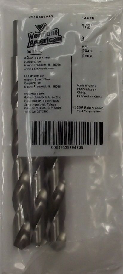 Vermont American 10478 1/2" x 3/8" Shank HSS Drill Bit 3pcs.