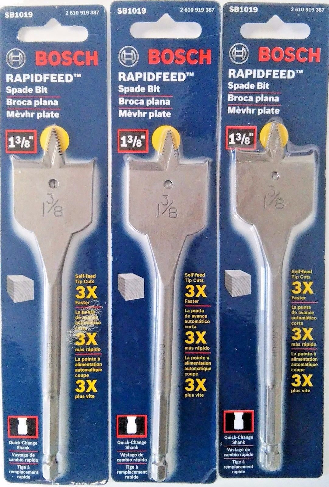 Bosch SB1019 1 3/8'' x 6'' Rapid Feed Spade Drill Bit (3 Packs)