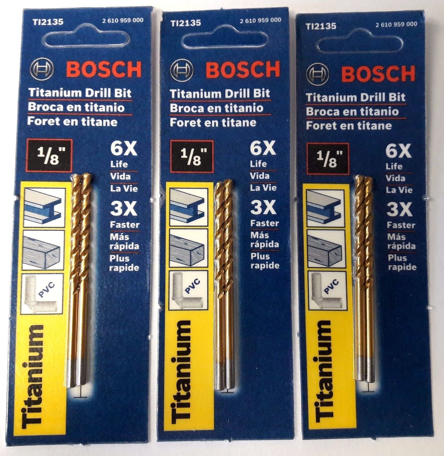 Bosch TI2135 Titanium SP Jobber Drill Bit Carded 1/8-Inch 3-2 Packs