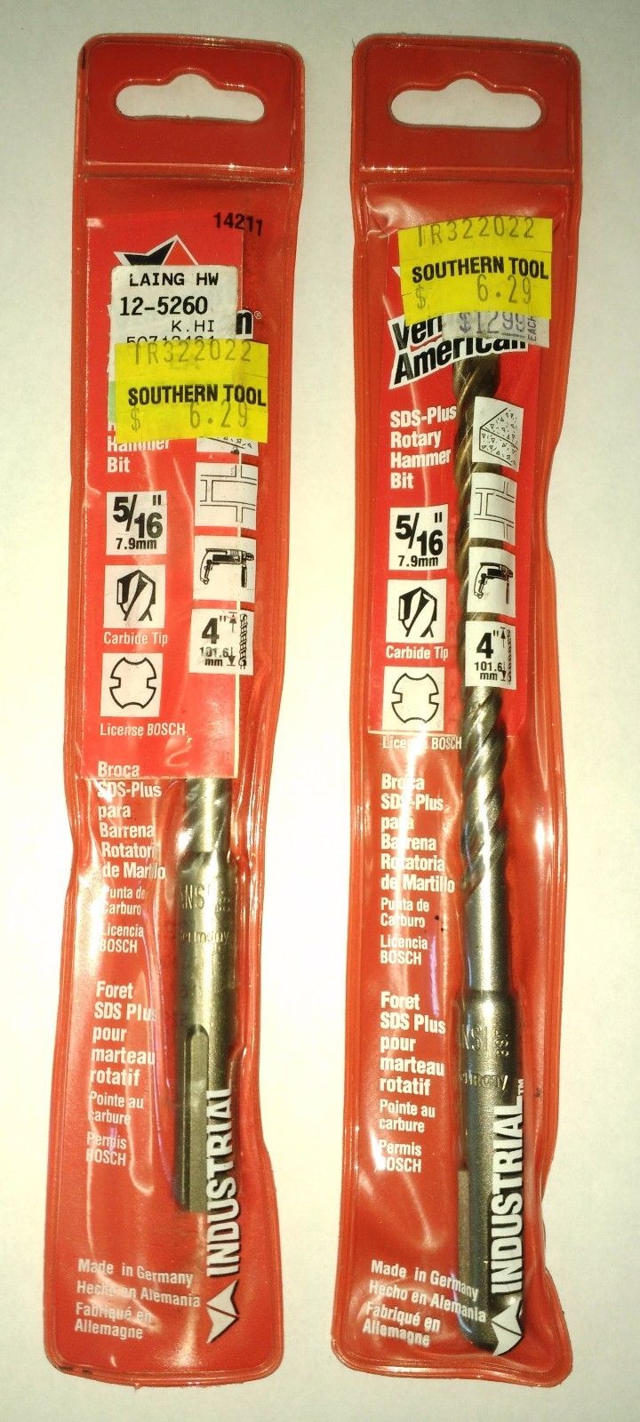 Vermont American 14211 5/16" x 4" x 6" SDS Plus Rotary Hammer Drill Bit 2PKS