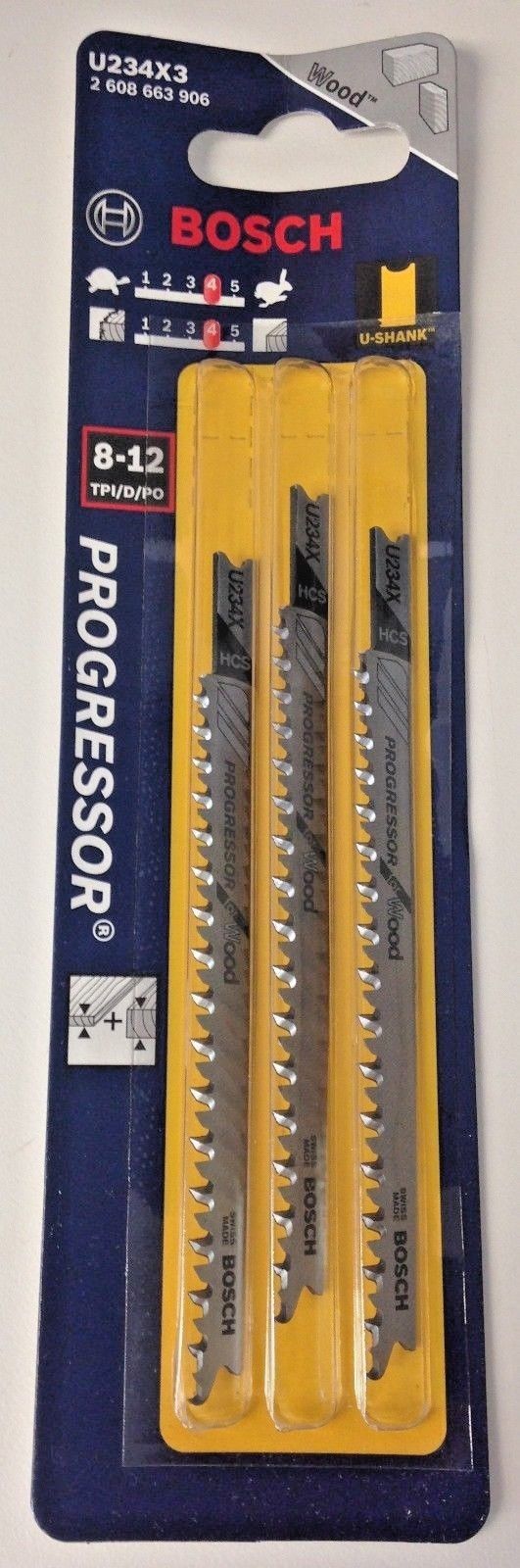 Bosch U234X3 4-1/4" x 8-12 TPI Progressor For Wood U-Shank Jig Saw Blades 3 Pack