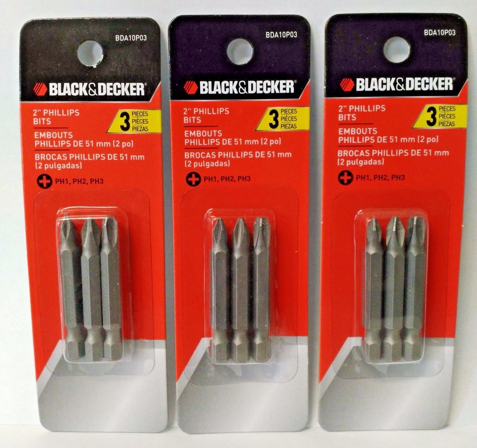 Black & Decker BDA10P03 3 Piece 2" Phillip Screwdriving Bits PH1 PH2 PH3 3PKS