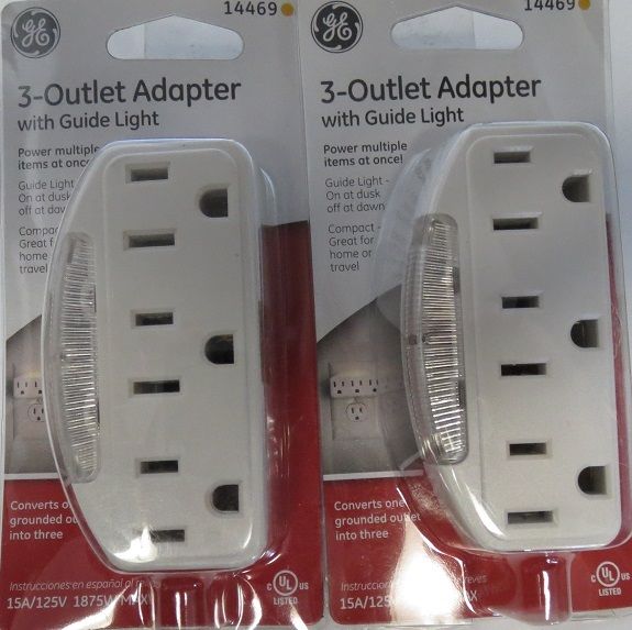 GE 14469 3-Outlet Adapter With Guide Light 2 Packs