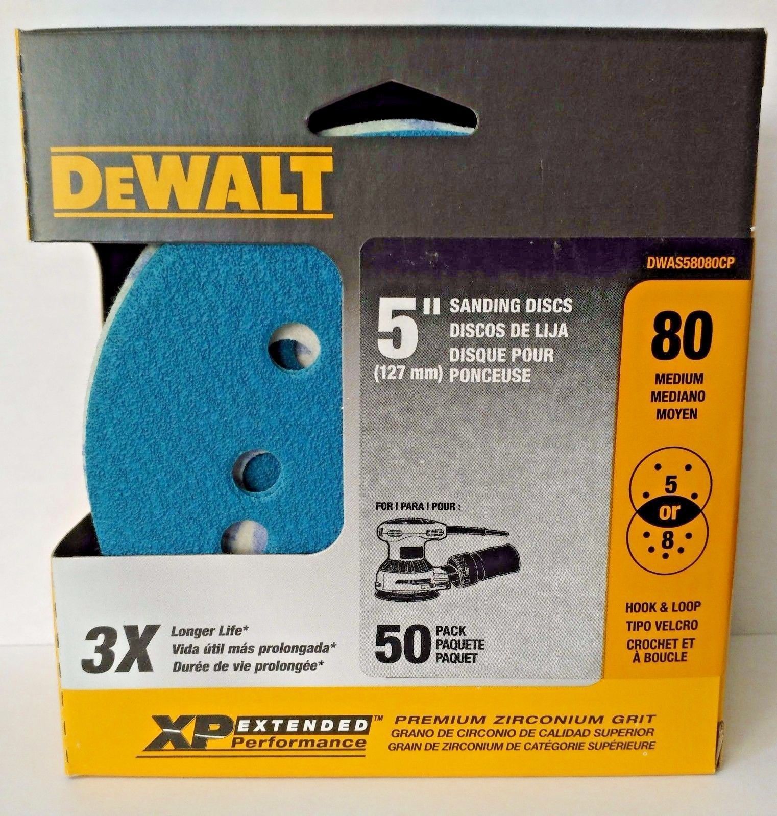 Dewalt DWAS58080CP 5" 80 Grit Zirconium Sanding Discs H&L 5 or 8 Hole 50 Pack