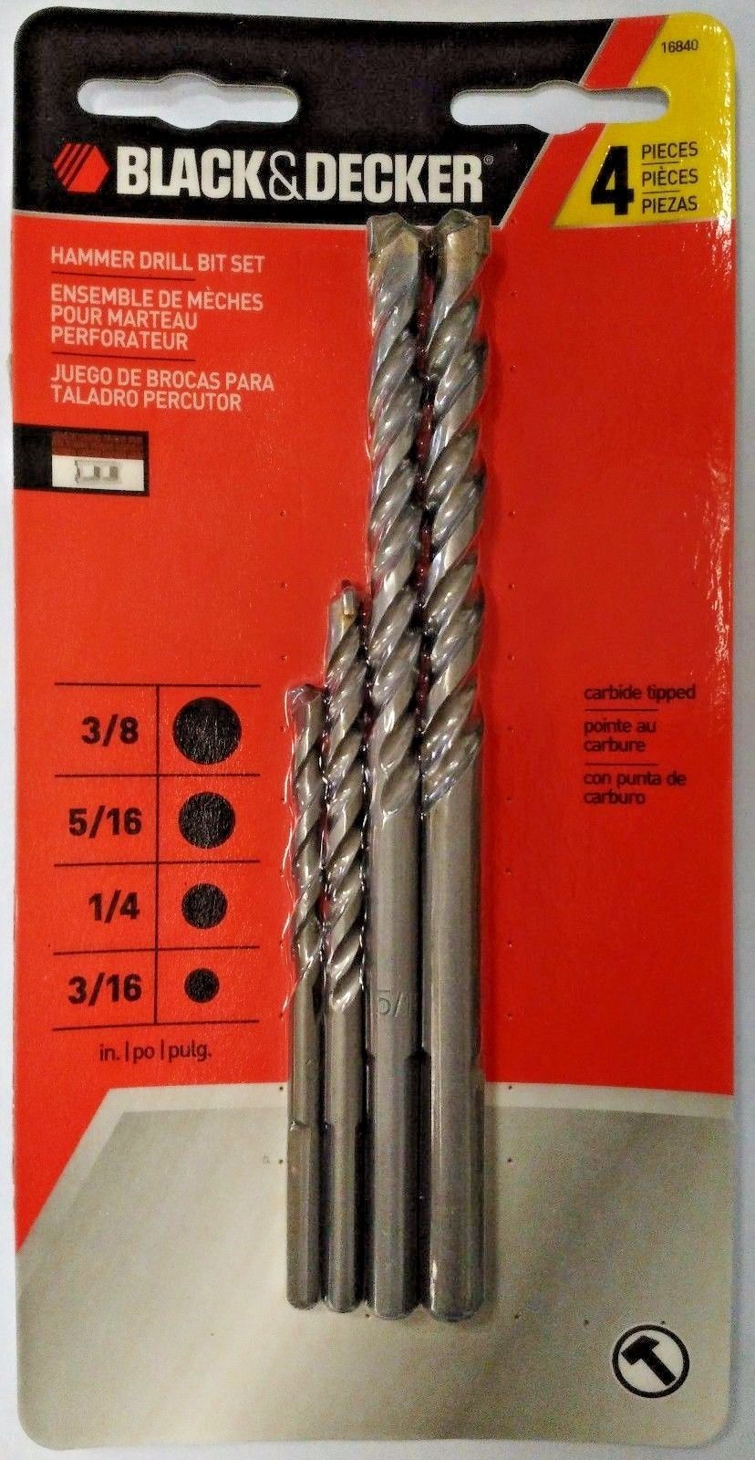 Black & Decker 16840 4 Piece Hammer Drill Bit Set 3/16 1/4 5/16 3/8