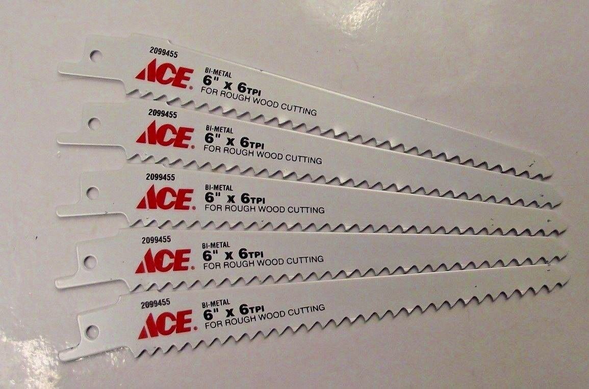 Ace 96-09577 6" x 6 TPI Bi-Metal Rough Wood Cutting Recip Saw Blade 5pcs Swiss