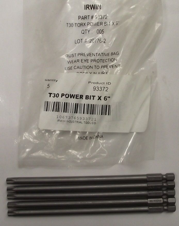 Irwin 93372 Torx Power Bit T30 1/4" Hex Drive, 6" OAL 5pcs.