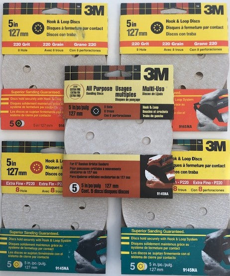 3M 9145NA 5" 220 Grit 8 Hole Hook & Loop Sanding Discs 5 Packs of 5 USA