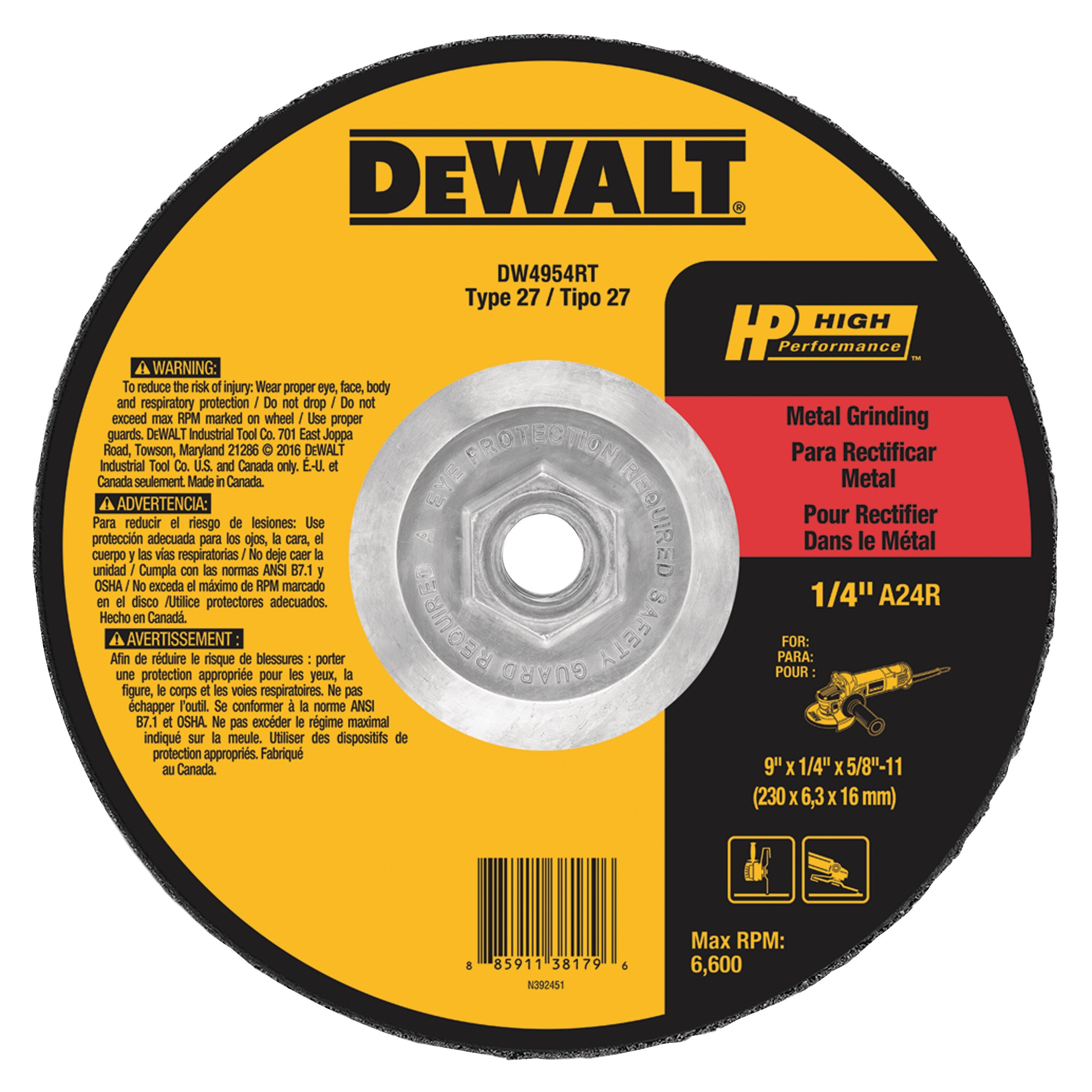 DW4954RT 9" x 1/4" x5/8"-11 Type 27 Metal Grinding Wheel