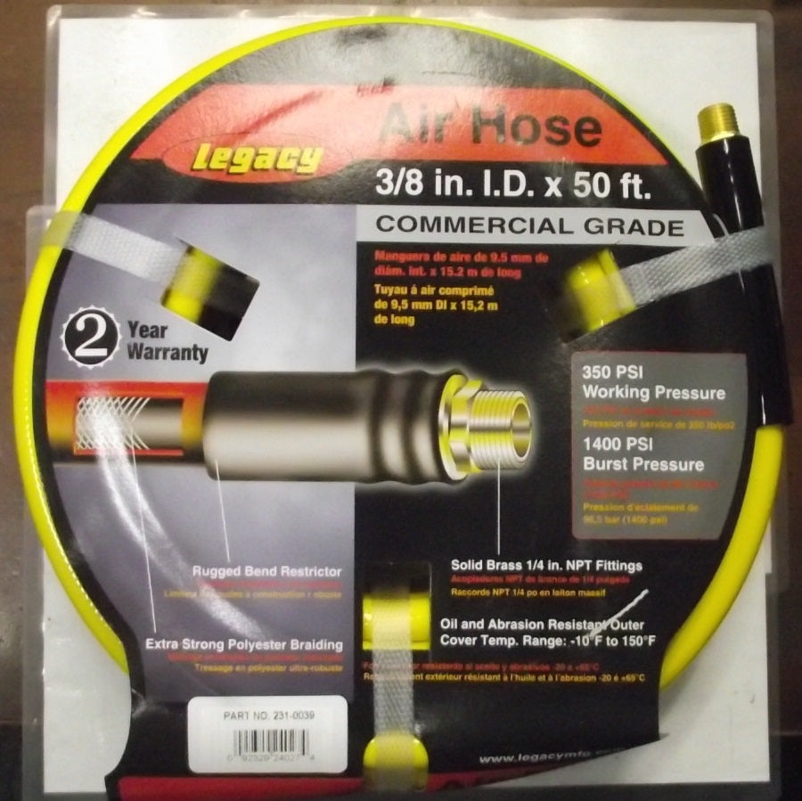 Legacy 3/8" x 50ft Commercial Air Hose 350 PSI Working Pressure HWF3850YW2-CAT