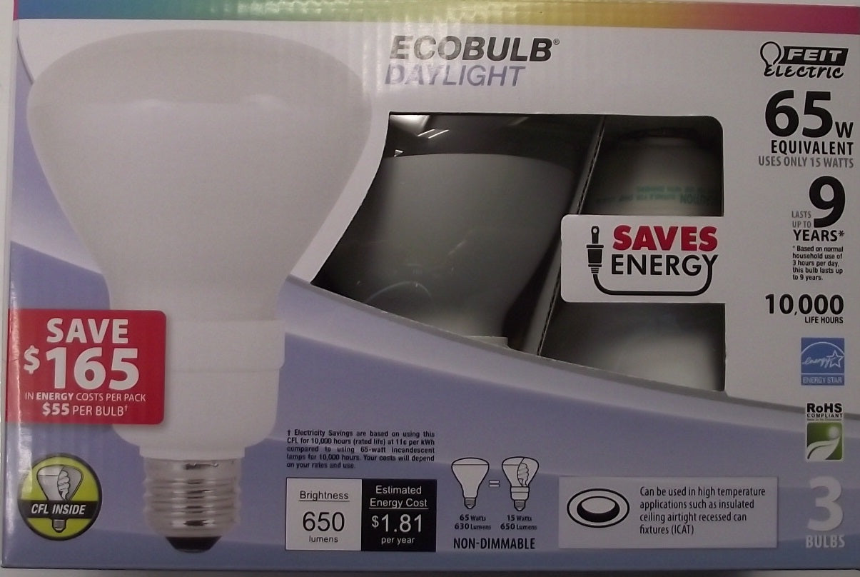 Feit ESL15BR30/D/3 CFL Flood Light Bulbs 3pk ECOBULB Daylight 65W