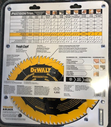 DEWALT DW3232PT Precision Trim 12" x 80 Tooth ATB Crosscutting Saw Blade USA