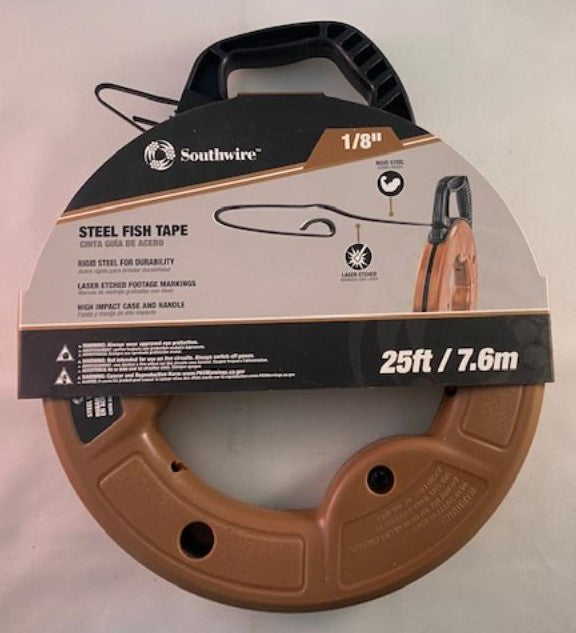 SOUTHWIRE FTS1/8-25 25' 1/8" STEEL FISH TAPE IMPACT DURABLE CASE RIGID STEEL