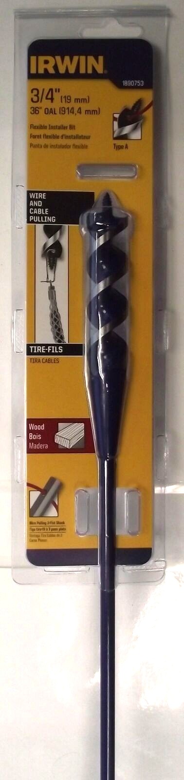 Irwin 1890753 3/4 x 36 Flexible Shank Installer Bit Wood Auger Tip