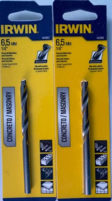 Irwin IW980 6.5mm Carbide Tipped Masonry Drill Bits 2pcs.