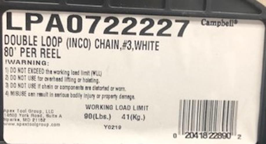 Campbell LPA0722227 Double Loop (INCO) Chain, #3, White, 80' per Reel