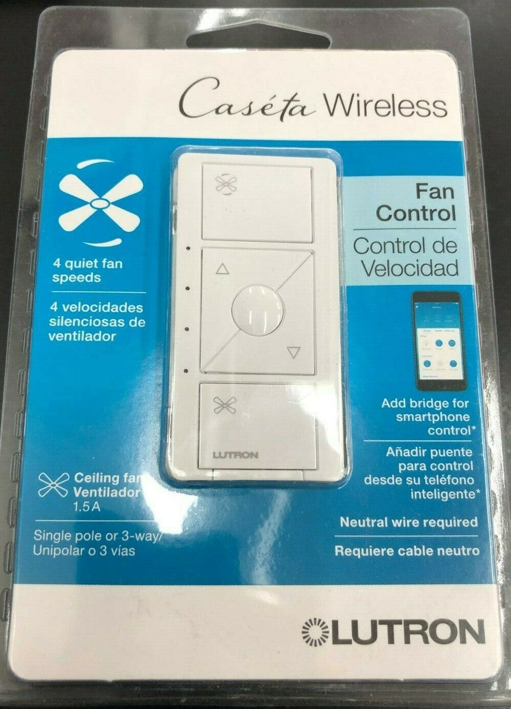 Lutron PD-FSQN-WH-R Caseta Wireless 4-Speed 1.5-Amp White Smart Touch Fan Contro