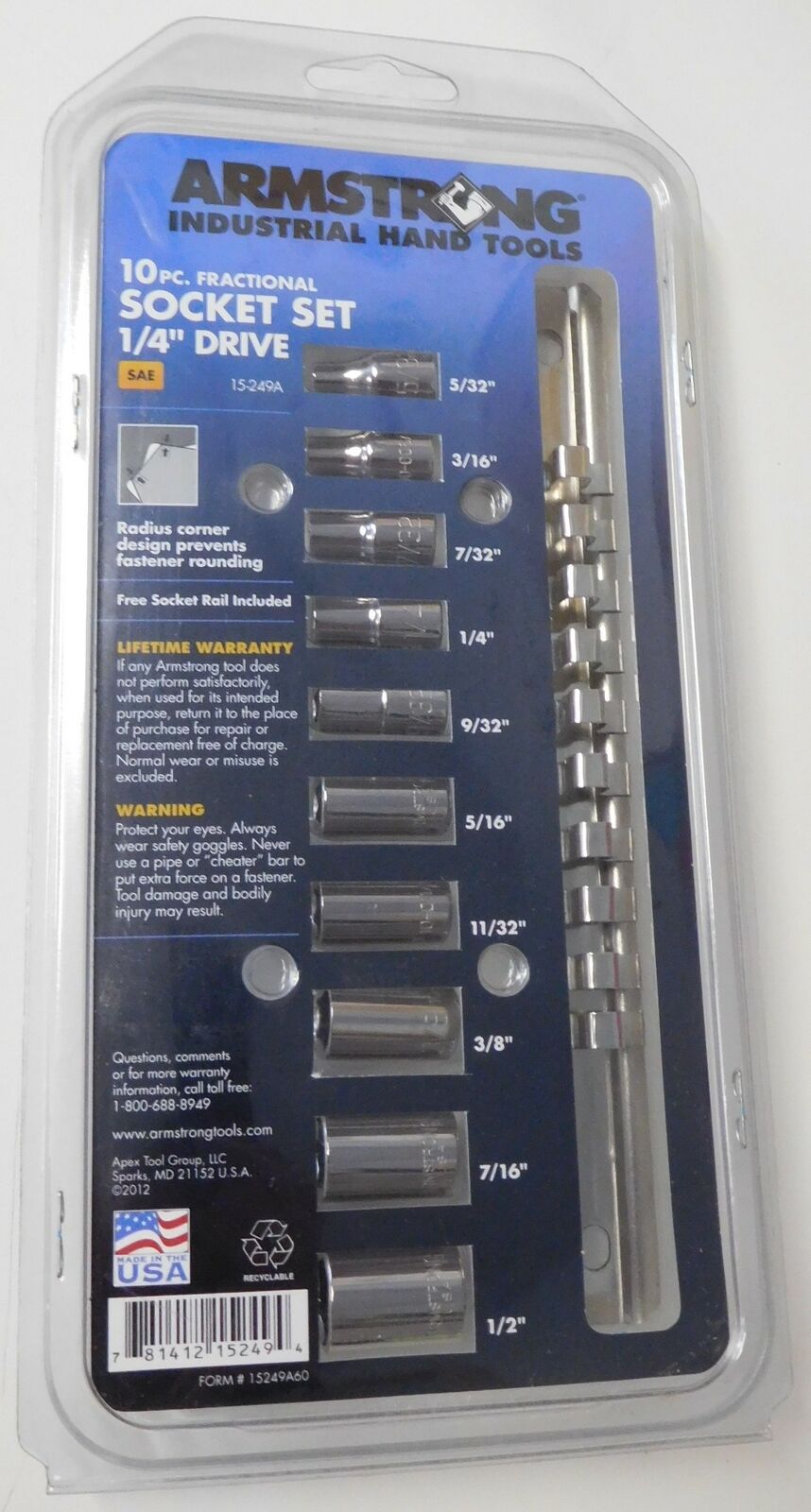 Armstrong 15-249A 10 Piece Fractional 1/4" Drive 6 Point Socket Set USA