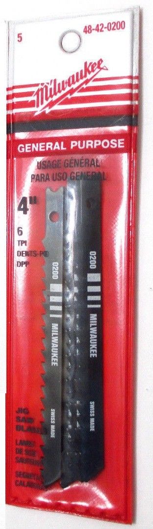 Milwaukee 48-42-0200 4" x 6 TPI U-Shank HCS General Purpose Jig Saw Blades 5pk