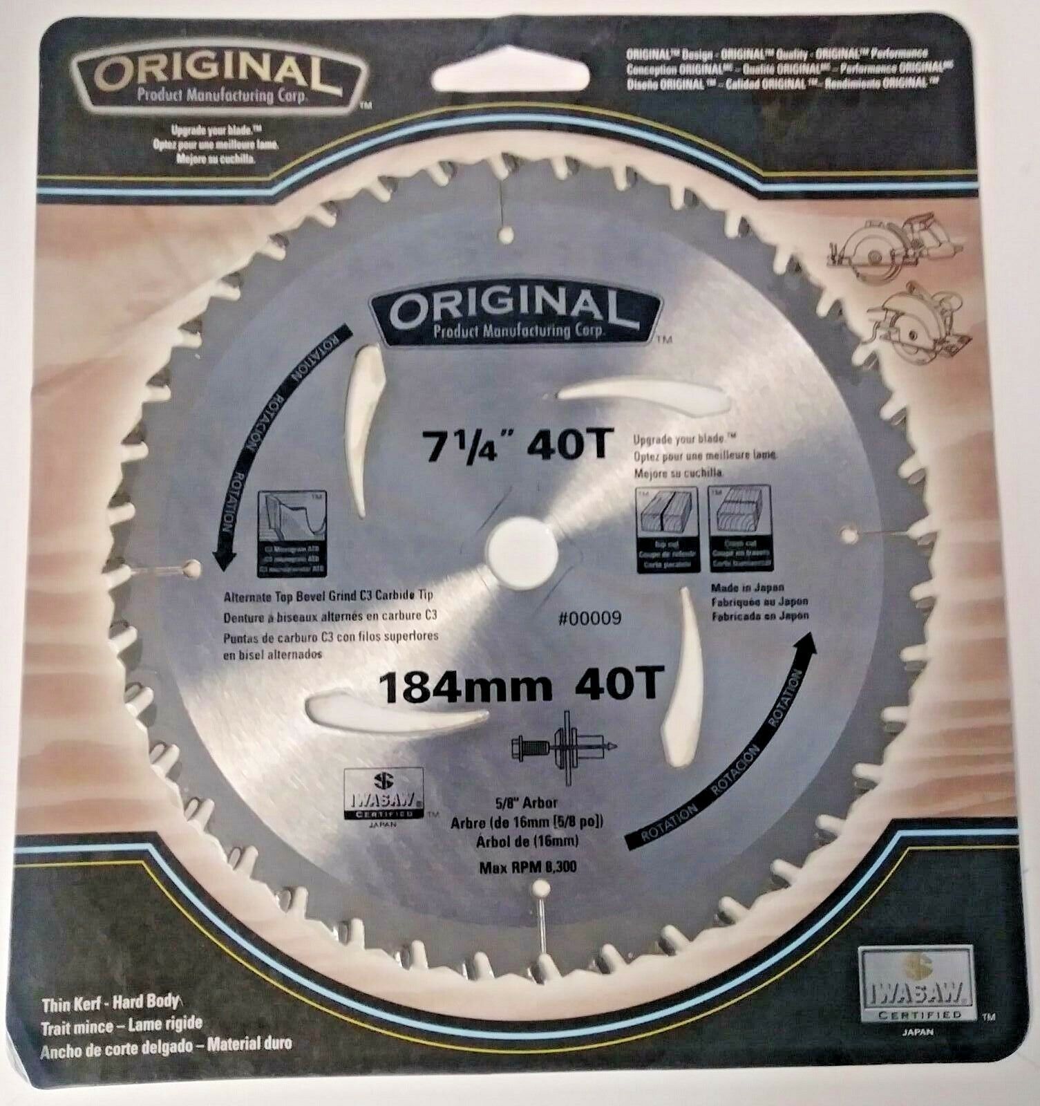 Original 00009 7-1/4" x 40T Thin Kerf ATB Carbide Tip Circular Saw Blade Japan