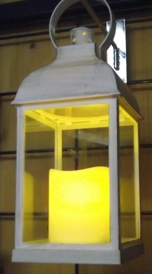 Patina White Decorative Lantern 37893 With Battery Operated Candle 9-1/2"
