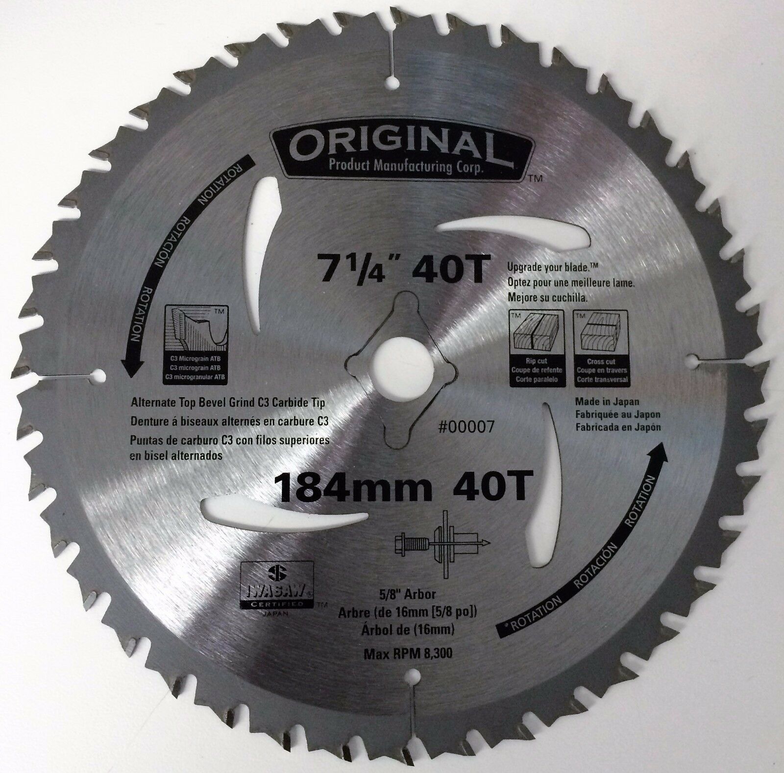 ORIGINAL 00007 7-1/4" x 40T Micro Grain C3 Carbide Circular Saw Blade Bulk Japan