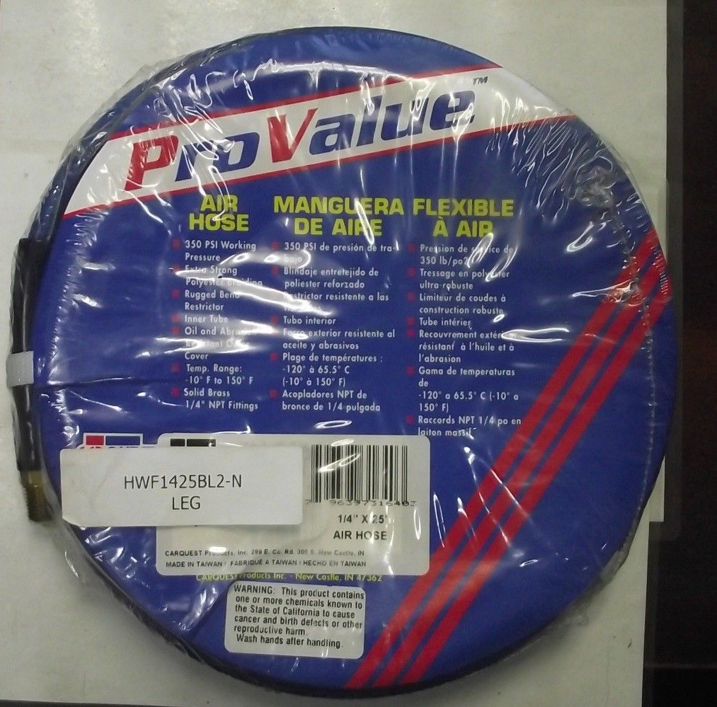 Pro Value HWF1425BL2-N 1/4" x 25 Foot Blue PVC Air Hose 1/4" Ends 350 PSI Workin