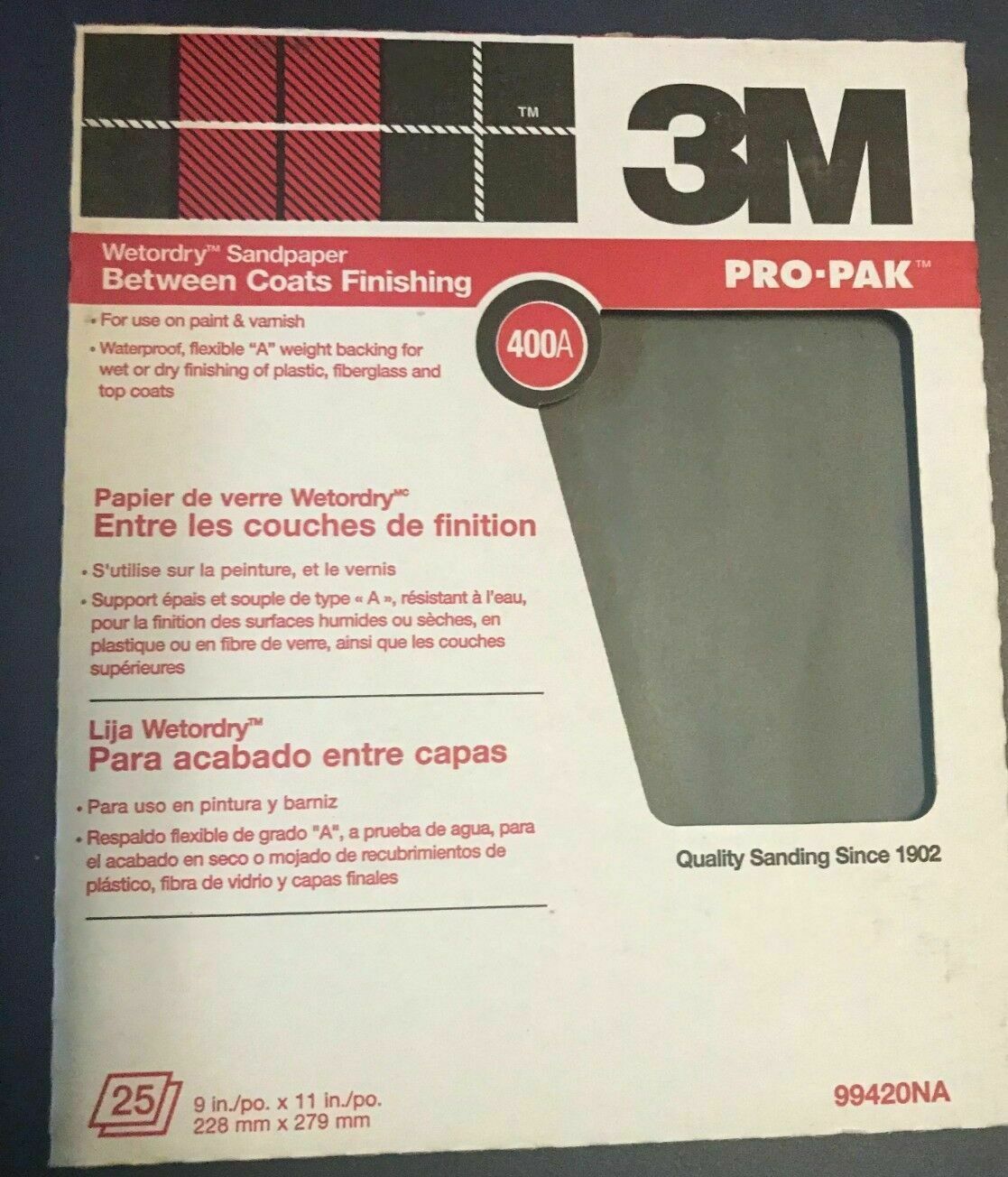 3M 99420NA 9" X 11" 400A WETORDRY SANDPAPER BETWEEN COATS FINISHING 25 PACK USA