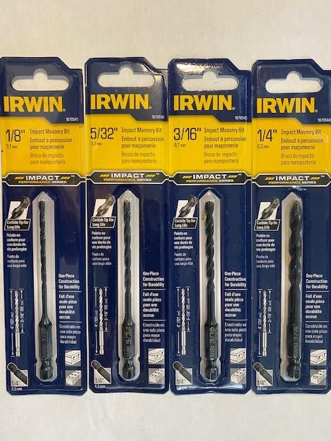 Irwin 1870544-4 4pc Impact Masonry Drill Bit 1/4" 3/16" 5/32" 1/8"x 4" Hex Drive