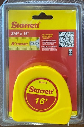 Starrett 3/4" x 16' English Measuring Tape- Graduated in 1/16" KTS34-16-N