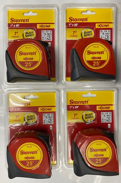 Starrett TX1-25 Exact 25ft Blade Shield 2X Tape Measure 4pcs