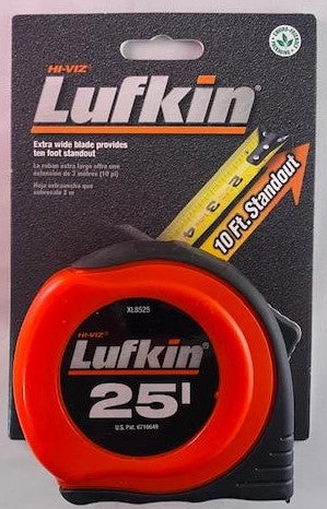 Lufkin Hi-Vis 25ft Tape Measure, Extra Wide Blade, 10ft Standout XL8525