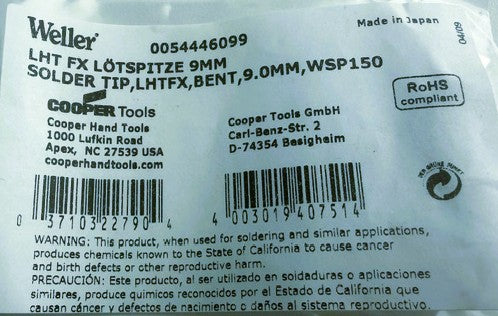 Weller Solder Tip LHTFX Bent 9.0MM WSP150 0054446099
