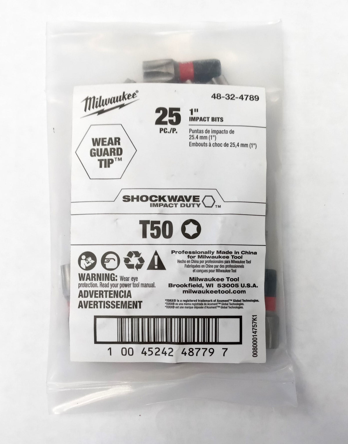 Milwaukee T50 Impact Torx Insert Bits 1" 25pk 48-32-4789