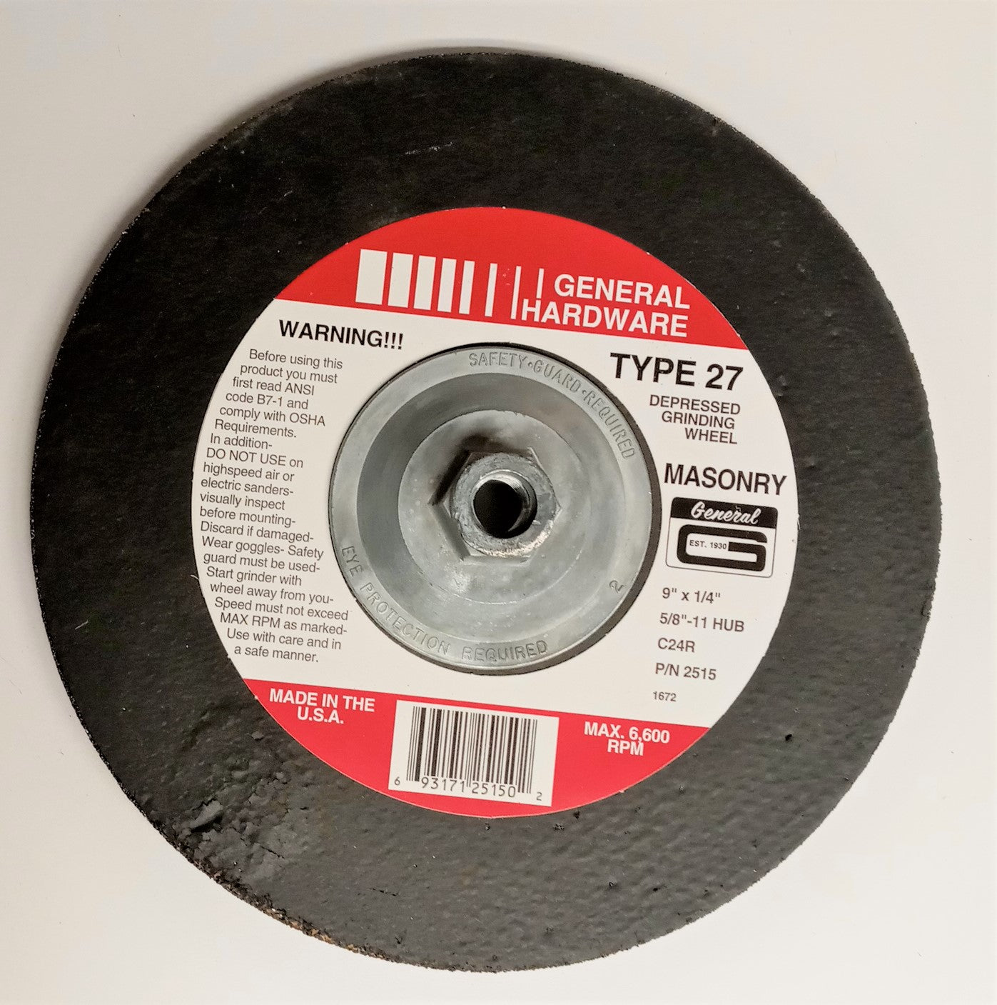 General 2515 Type 27 Masonry Depressed Grinding Wheel 9"x1/4" x 5/8"-11 Hub USA