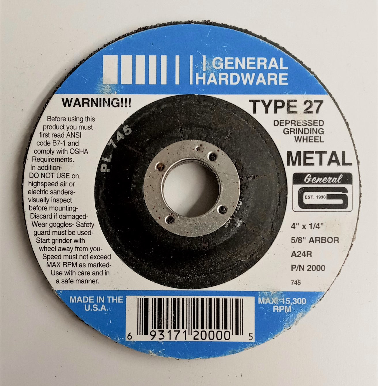General 2000 Type 27 Depressed Grinding Wheel Metal 4-1/2"x1/4" x 5/8" Arbor USA
