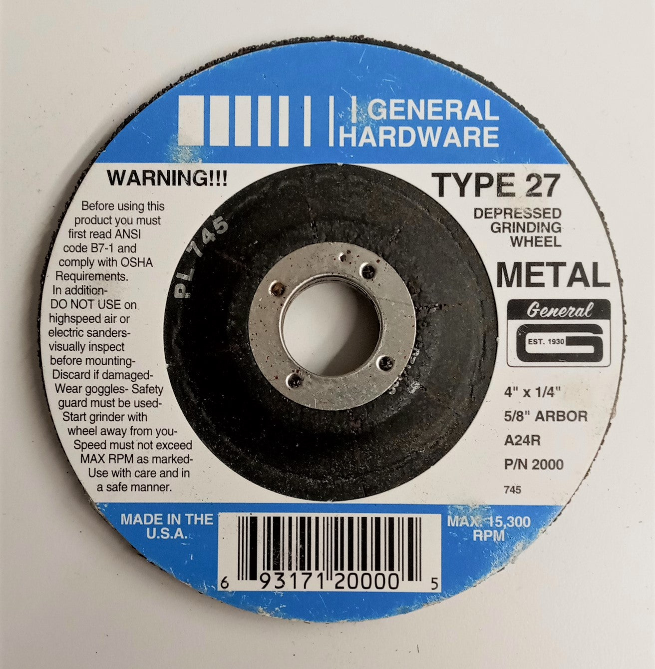 General 2000 Type 27 Depressed Grinding Wheel Metal 4" x 1/4" x 5/8" Arbor USA