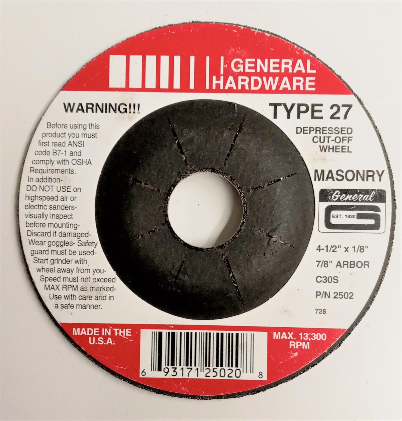 General 2502 Type 27 Depressed Cutoff Wheel Masonry 4-1/2"x1/8" x 7/8" Arbor USA