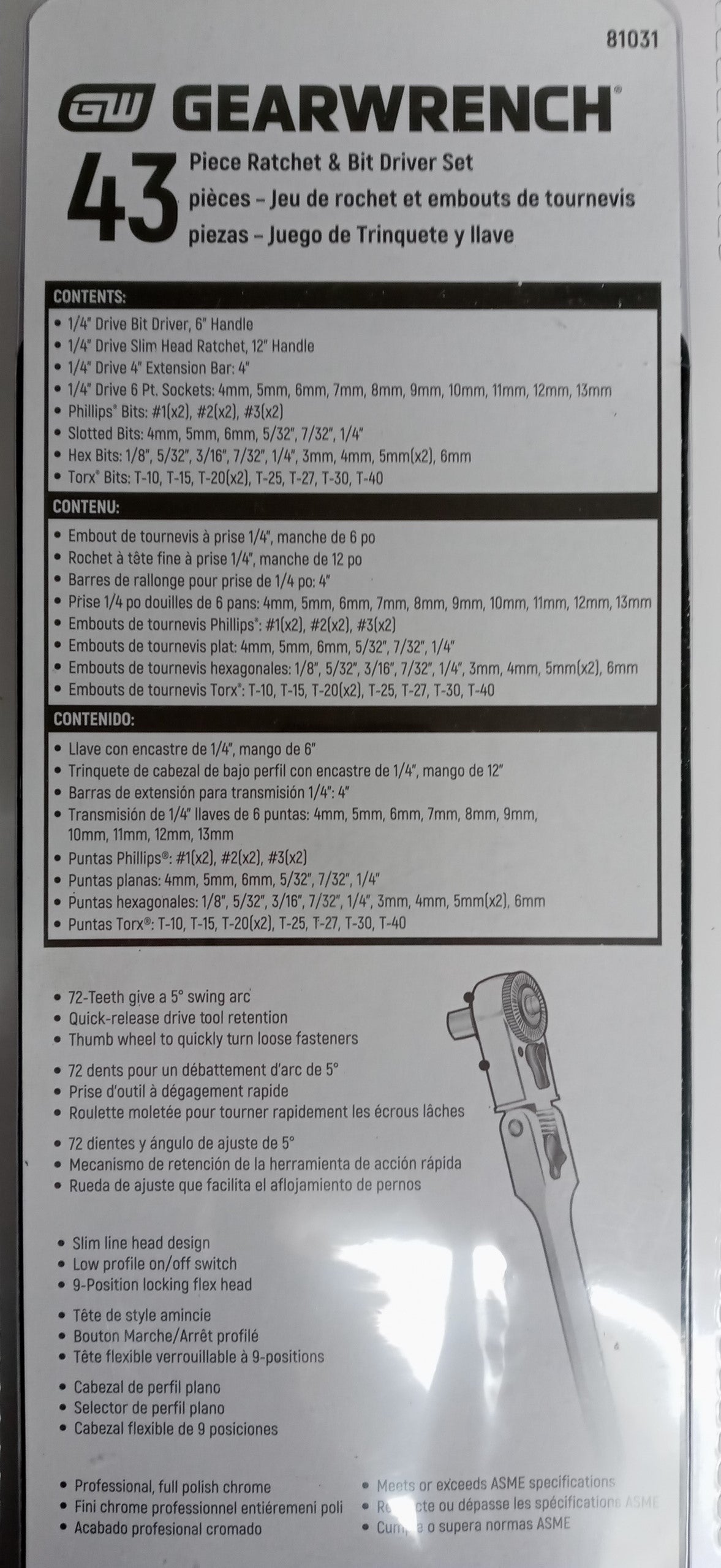 GearWrench 81031 43 Pc. 1/4" Drive 6 Point Metric Slim Head Mechanics Tool Set