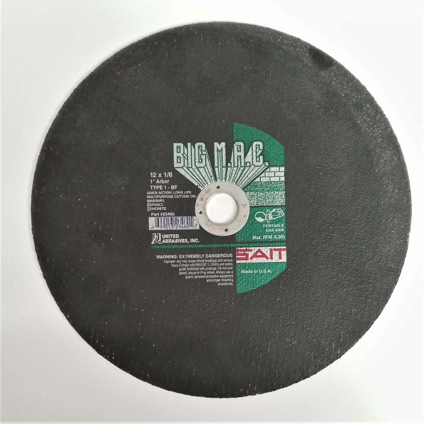 United Abrasives 23460 Sait Big MAC 12" x 1/8" x 1" Type 1-BF Masonry Cut Off Wheel USA