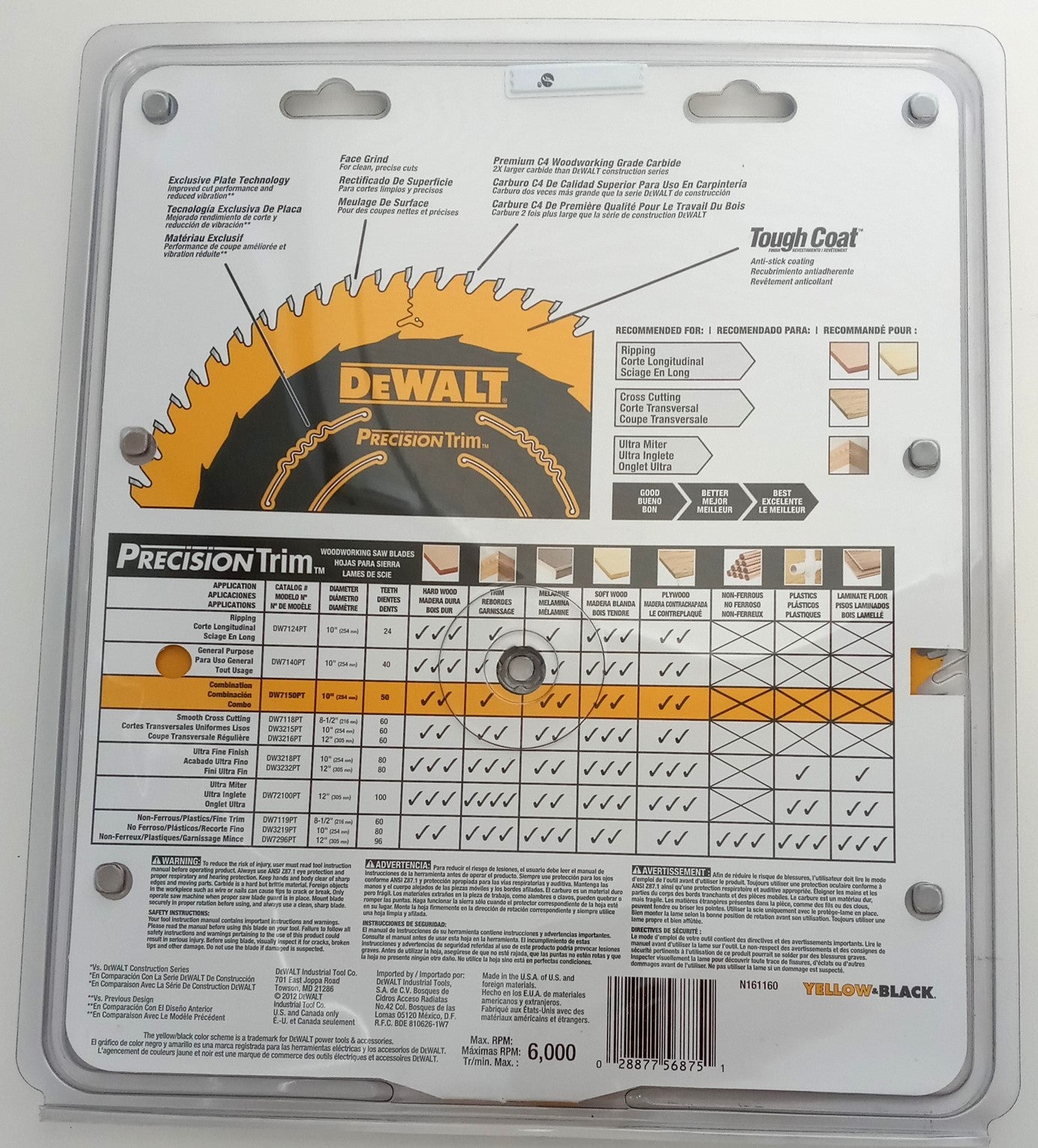 DeWalt DW7150PT 10" 50T Thin Kerf Woodworking Sawblade USA